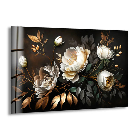 The stillness of the elegant white peony glass art is captured in this dark floral print, accented with gold leaves and soft, muted tones.