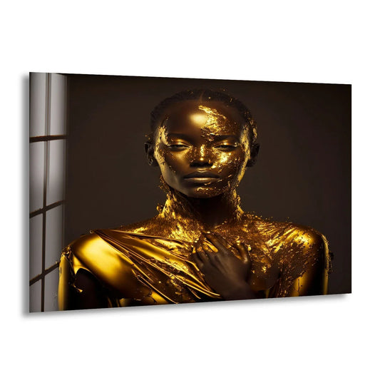 A woman adorned in liquid gold is the loudest element in this stunning art from glass portrait.