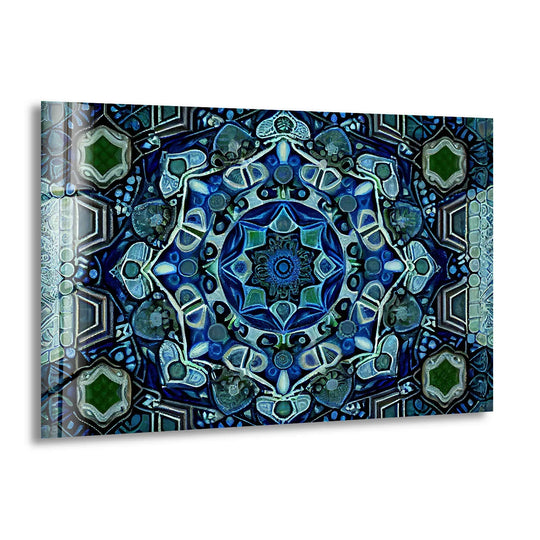 Blue Mandala Glass Wall Art – Intricate Geometric Design, Modern Home & Office Decor - MyPhotoStation