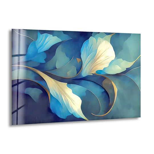 Flowing azure and ivory petals create visual rhythm in this best glass art floral piece.