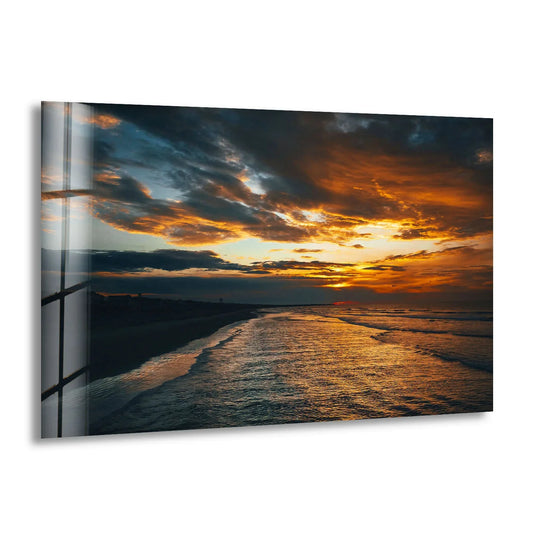 Horizontal rectangular golden sunset ocean wall art showcases a moody coastal landscape in a decorative wall art print.