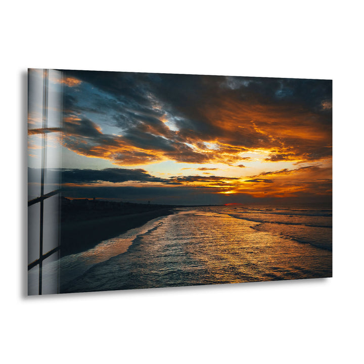 Golden Sunset Ocean Wall Art – Moody Coastal Landscape Glass Print