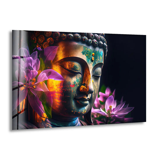 Horizontal rectangular glass art featuring a colorful Buddha and floral design is presented with a serene enlightenment shape.