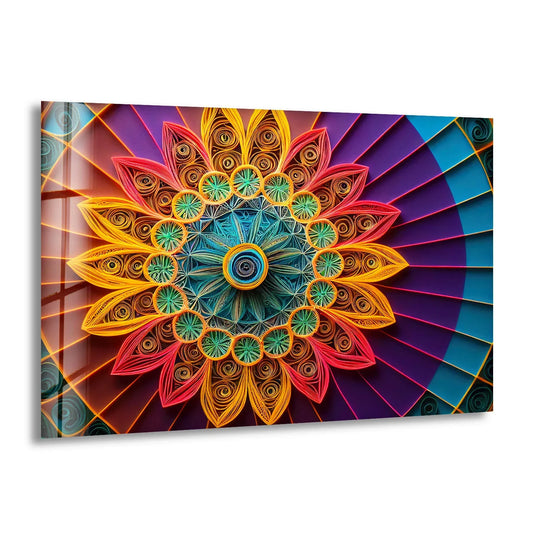 Mandala Glass Wall Art – Vibrant 3D Geometric Paper Design - MyPhotoStation