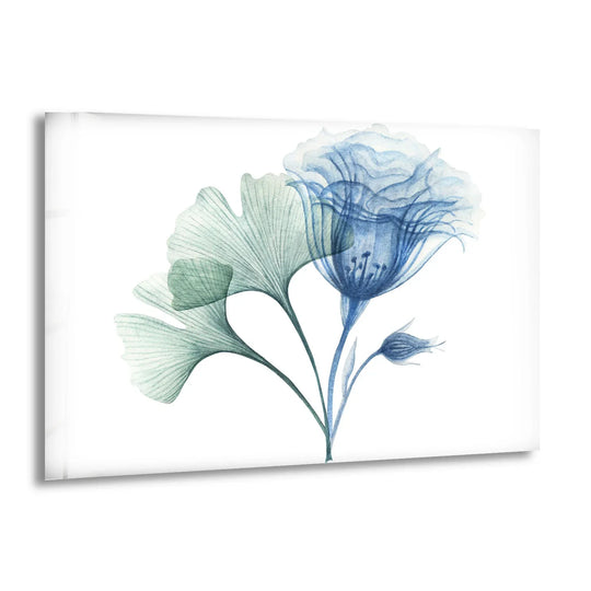 The layering effect creates a unique modern wall decor look in this blue bloom glass print, with translucent petals and ginkgo leaves artfully overlapping.