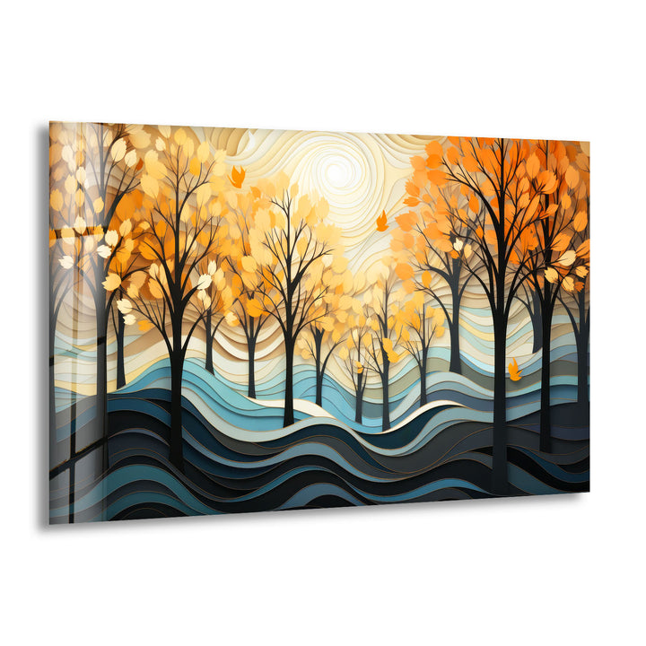 Golden Forest Glass Wall Art – Autumn Trees Abstract Landscape Decor