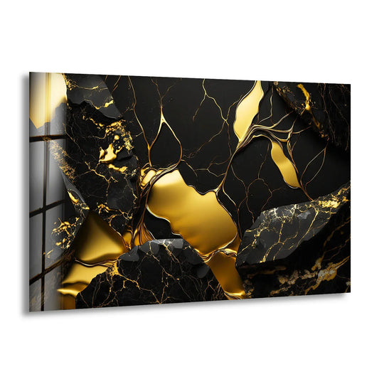 Flowing gold liquid swirls dynamically across black marble, creating a mesmerizing sense of movement in this art from glass.