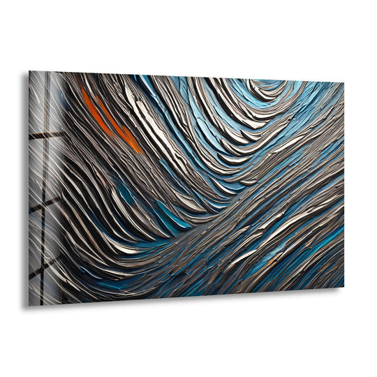 Horizontal abstract glass wall art prints featuring undulating, textured waves in shades of sapphire blue, metallic silver, and a striking orange accent.
