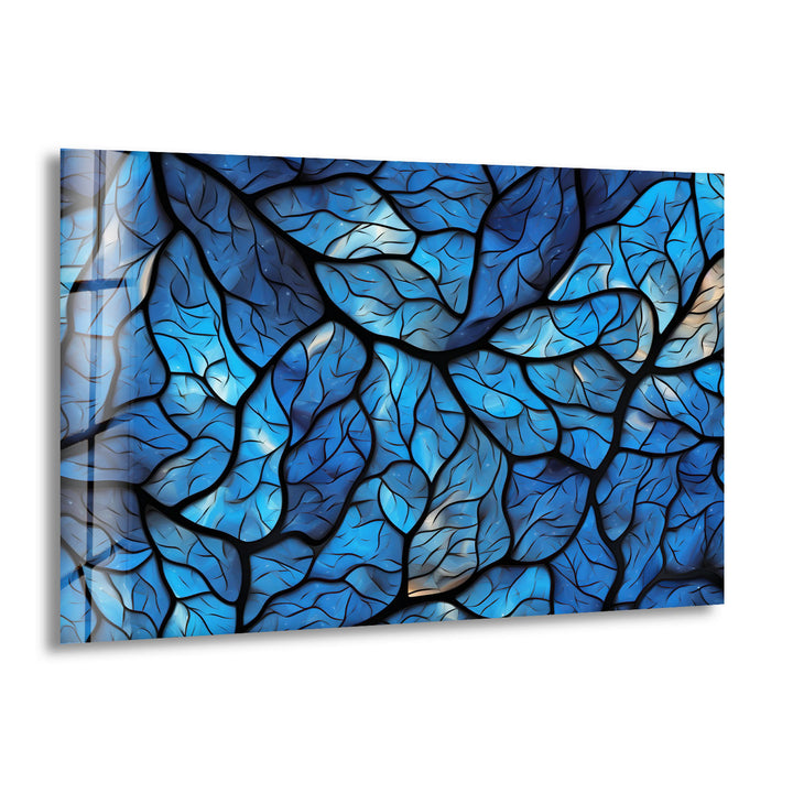 Blaues Blattmosaik-Wandbild – Abstrakter Naturglasdruck für modernes Dekor