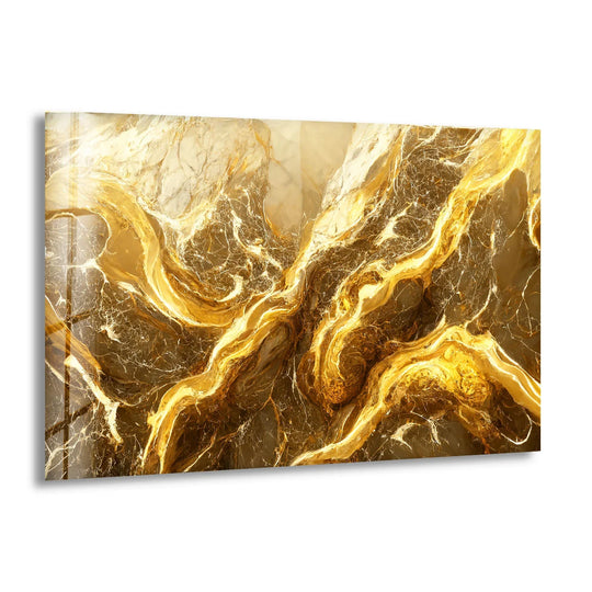 Luxurious glass printing showcases the rich texture and high-quality finish of this golden marble abstract art.