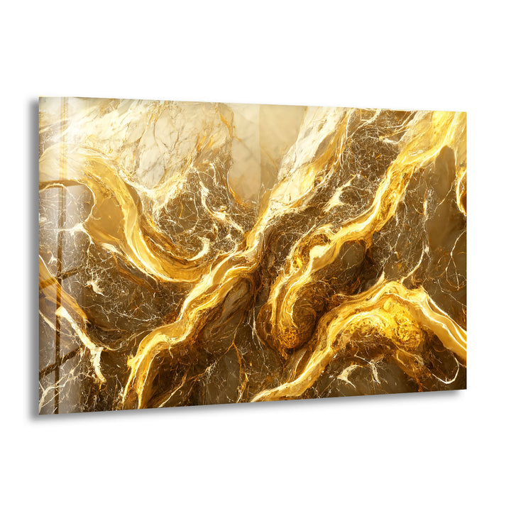 Abstrakte Wandkunst aus goldenem Marmor – Eleganter Glasdruck für Innenräume 