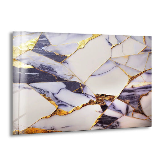 Abstract hanging wall art showcases fractured white marble with striking navy veins and luxurious gold accents.