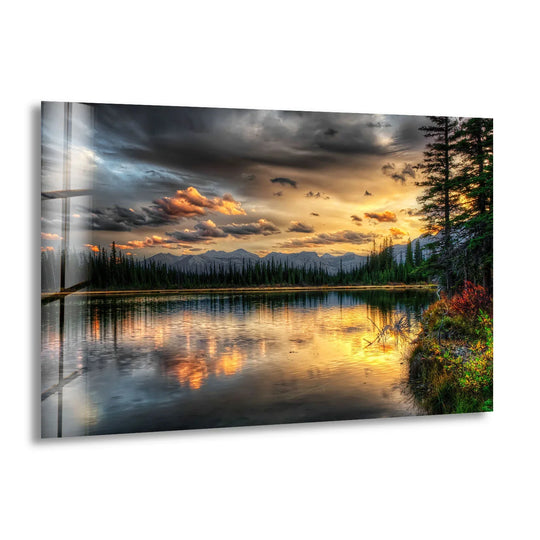 Highlighting the abstract quality, sunset lake wall art creates a captivating home decoration with the forest landscape's ethereal reflection and golden sky.