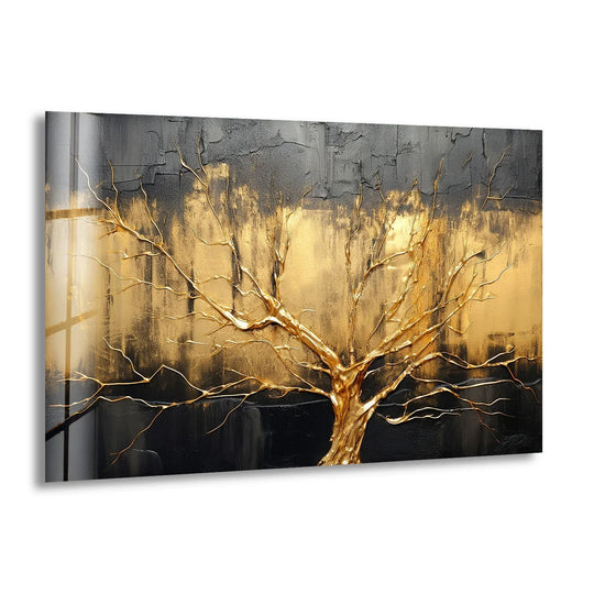 This glass art painting showcases a textured, layered gold tree against a dramatic black and gold abstract background with palpable depth.