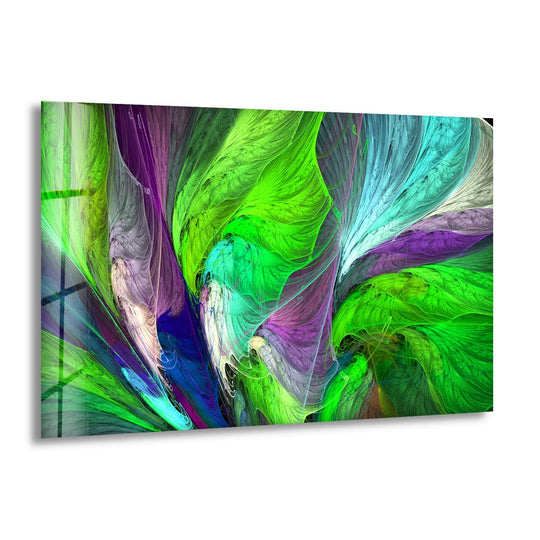 Intricate fractal feather patterns in vibrant greens, purples, and blues adorn this stunning glass wall art decor.