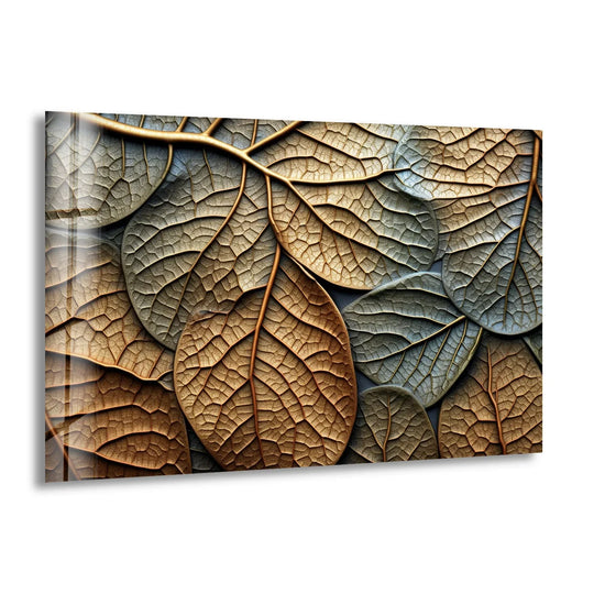 The darkest area highlights the golden autumn leaves glass wall artwork, emphasizing the detailed textured nature of the glass decor.