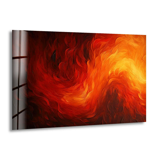 A close-up of fiery red and orange abstract glass art painting with detailed textures of swirling flames.