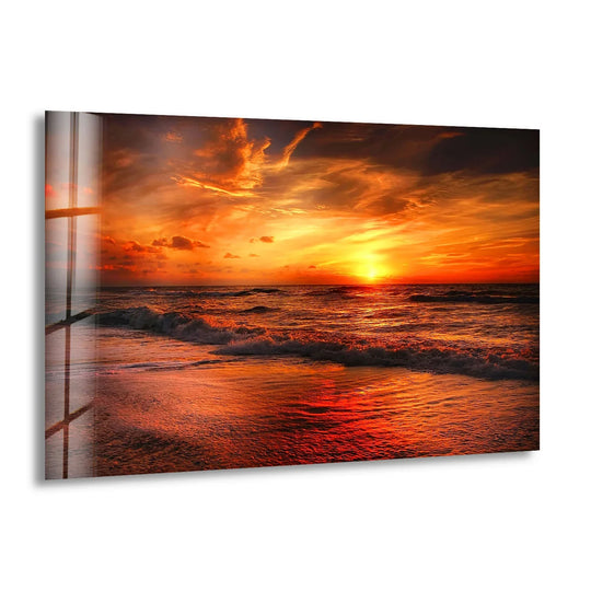 Awe-inspiring golden sunset over the ocean glass wall art evokes a mood of serenity and peace, perfect for your home decoration.