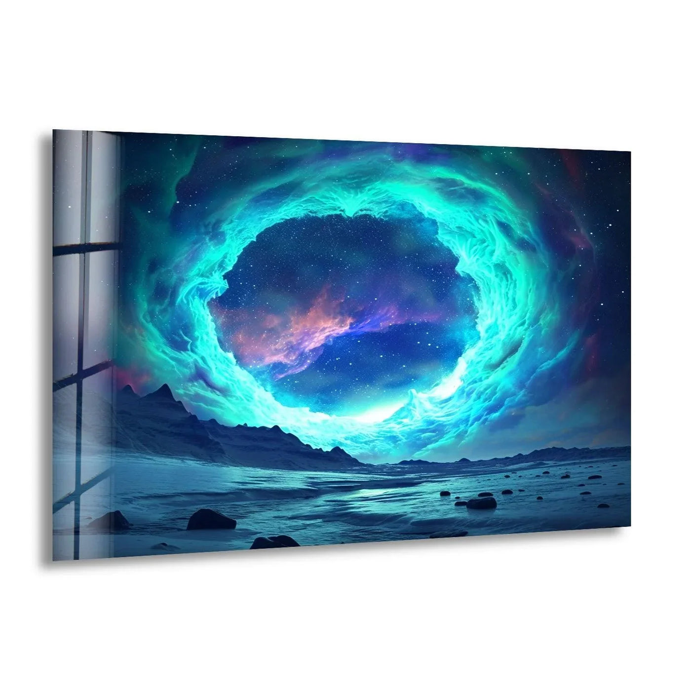 The swirling organic forms create a mesmerizing portal effect in this space-themed glass wall art, adding unique home decor to any room.