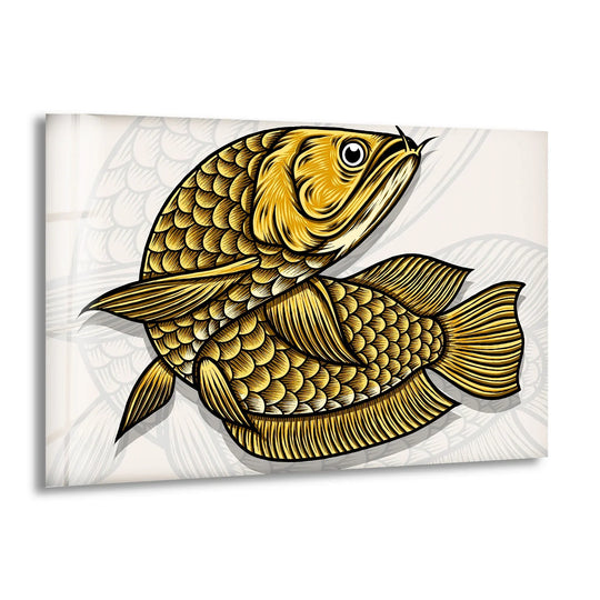 Golden Scales glass wall art prints cast dramatic shadows from the fish's luminous scales.