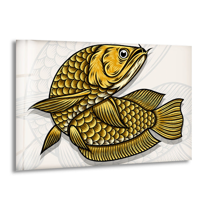 Golden Arowana Fish Wall Art – Elegant Asian-Inspired Glass Print for Modern Interiors and Feng Shui Decor