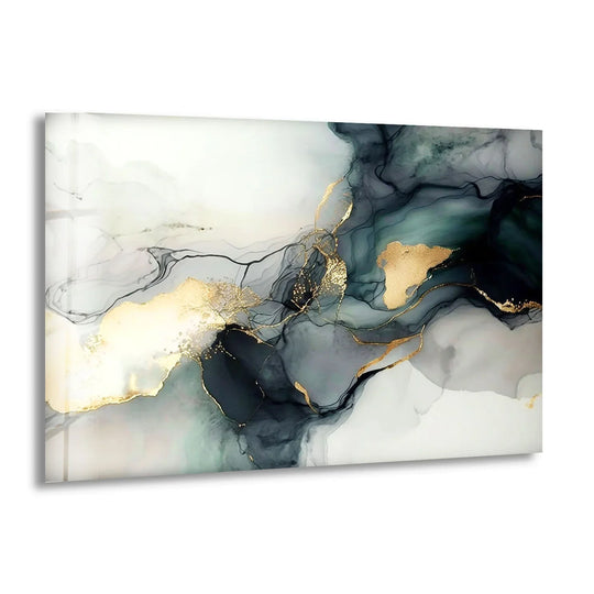 A modern abstract fluid glass print featuring depth and layers of minimalist gold ink, black, and white strokes as decorative wall art.