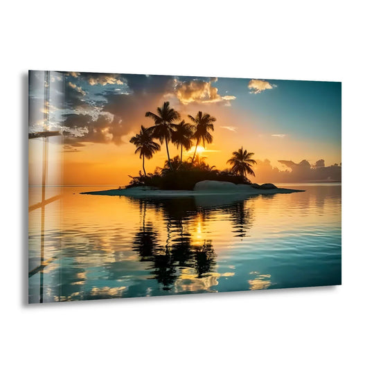 The focal point of this tropical island sunset glass print highlights the serene beach's reflection, creating an alluring hanging wall art.