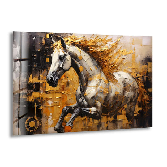 Textured glass wall art decor showcases a white horse with a golden mane against an abstract, golden and black background.