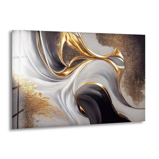 The focal point of this art from glass features opulent gold waves intertwined with black and white abstract fluid forms.