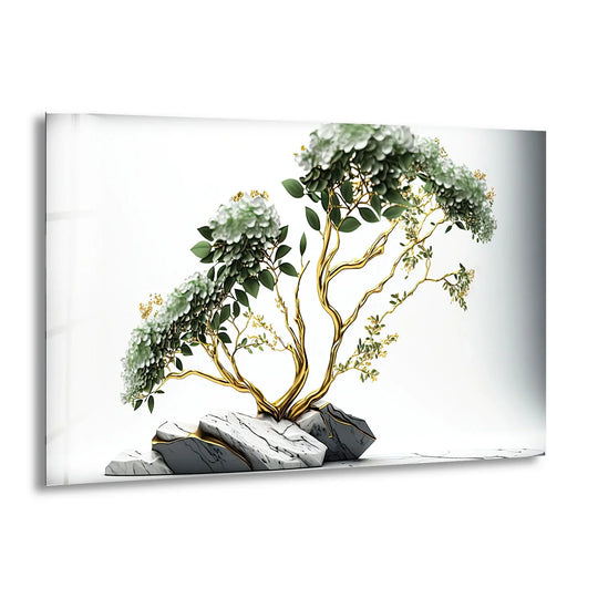 Subtle light and shadow interplay enhances the golden bonsai tree, highlighting white flowers and marble stones in this serene print wall art.