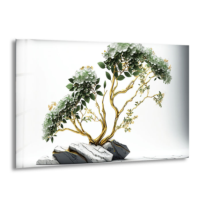 Goldene Bonsai-Baum-Wandkunst – Weißer Blumenglasdruck mit Marmorsteinen