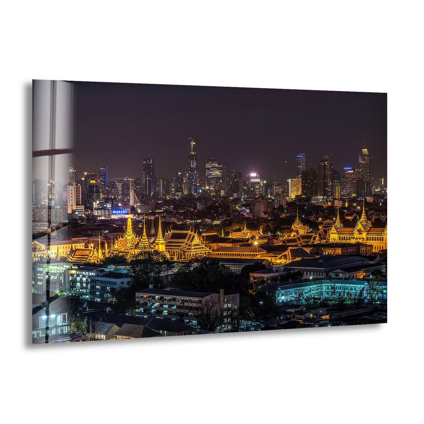 Bangkok Skyline at Night Wall Art – Illuminated Temple Cityscape Glass Print