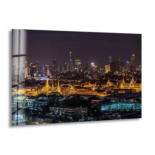City Prints showing the Bangkok Skyline at Night with golden temples and illuminated glass print cityscape wall art