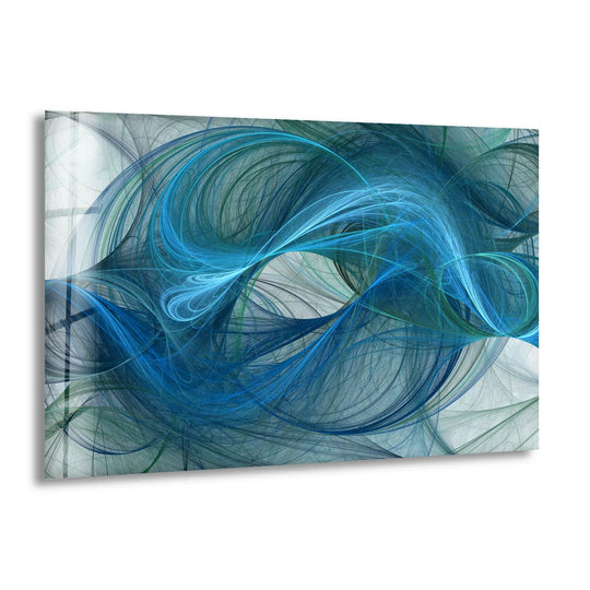 Striking blue energy glass wall artwork features deep sapphire and cool aqua tones creating a dramatic color contrast of fluid motion.