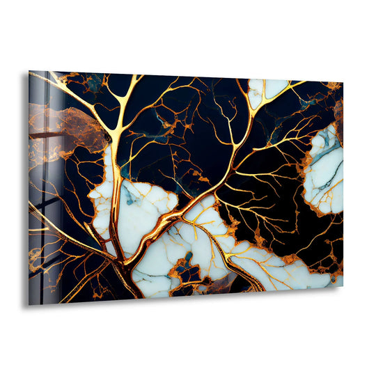 Gold veined abstract glass wall art prints create a stunning visual rhythm with their branching patterns and contrasting textures.