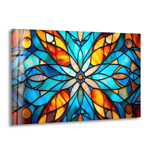 Stained Glass Mandala Wall Art – Blue and Orange Floral Glass Print - MyPhotoStation