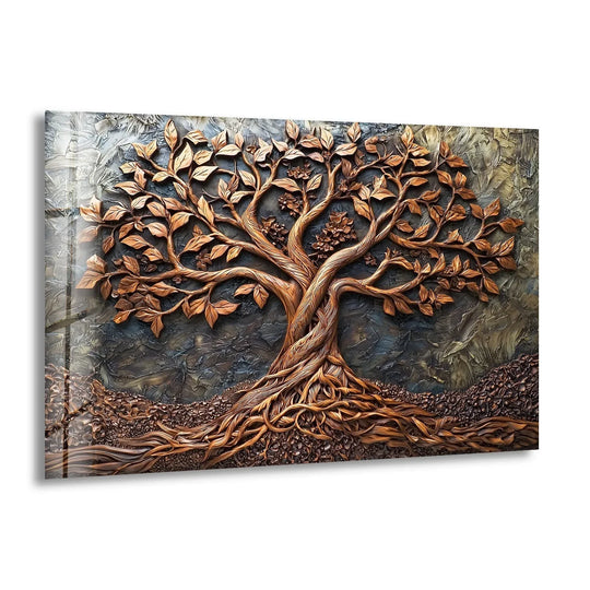 Geometric branches and textured background of bronze vivid tree glass wall art for home decor.
