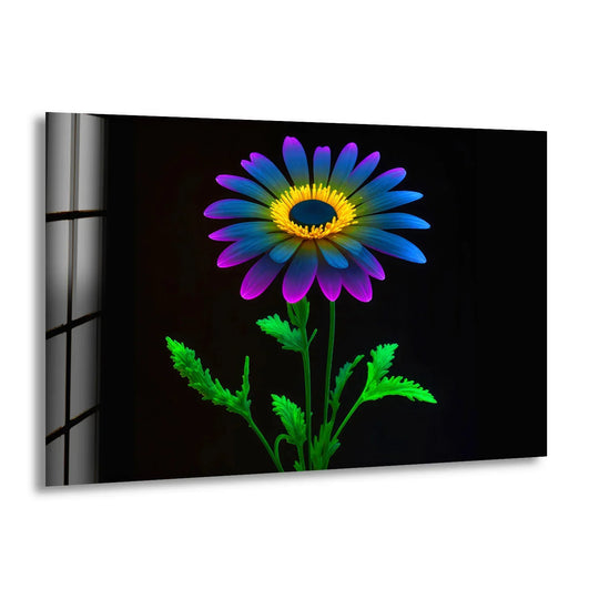 Neon Daisy Flower Wall Art – Colorful Glass Print on Black Background for Modern and Futuristic Interiors - MyPhotoStation