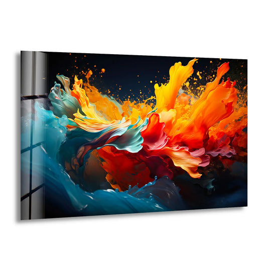 A realistic detail of a fiery abstract splash of orange, red, and blue paint erupting on a glass art painting.