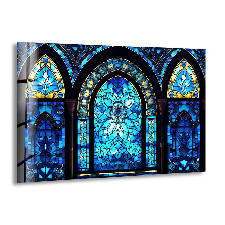 Gothic Blue Stained Glass Wall Art – Elegant Arched Window Design, Vintage Cathedral-Inspired Home Decor - MyPhotoStation