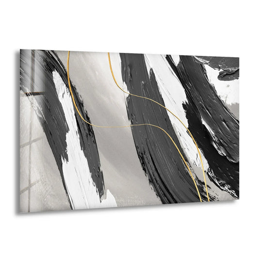 Thick, textured brushstrokes of monochrome black and white are overlaid with smooth, flowing gold lines in this unique modern wall decor.