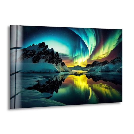 Illuminated by the brightest area's radiant glow, this Aurora Borealis glass wall art creates a mesmerizing display of decorative wall art reflecting off the icy arctic mountains.