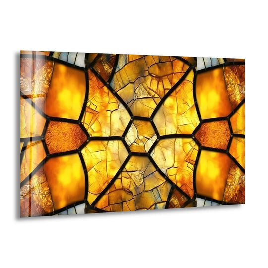 Golden Honeycomb Glass Wall Art – Amber Mosaic Geometric Decor - MyPhotoStation