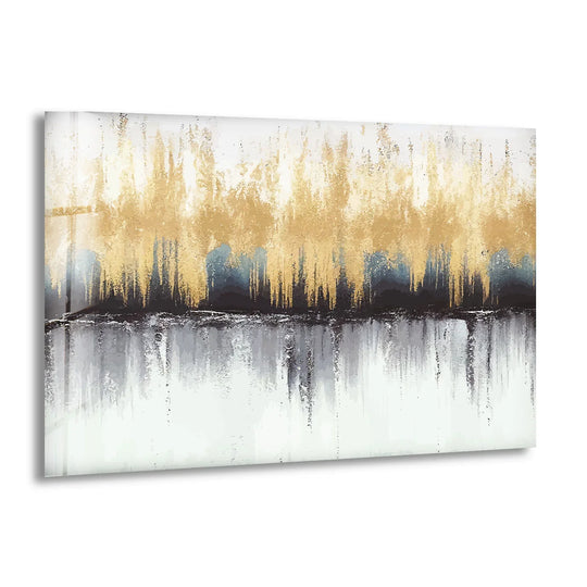 A modern abstract gold and gray forest wall art print with a crisp glass edge on a white background.