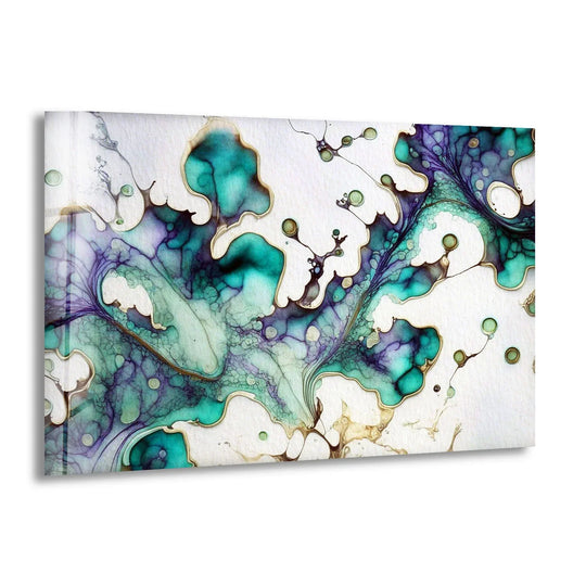 Softest element of teal and purple ink swirls flows across this glass printing abstract fluid wall art.