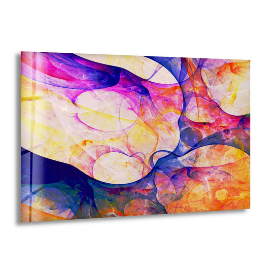 Colorful swirls of glass art painting feature abstract geometric shapes in vibrant purple, yellow, and blue.
