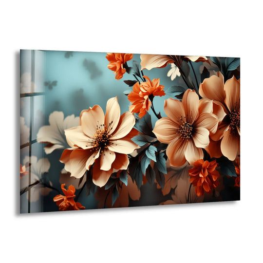 Visual rhythm flows through the orange bloom floral print wall art, creating a captivating botanical glass print wall art display.