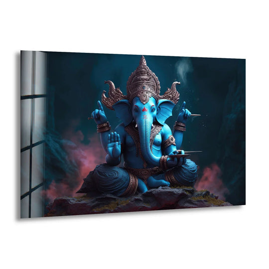 Illuminated by a nearby window, the blue Ganesha glass print exudes a powerful presence as the loudest element in this captivating piece of home decor.