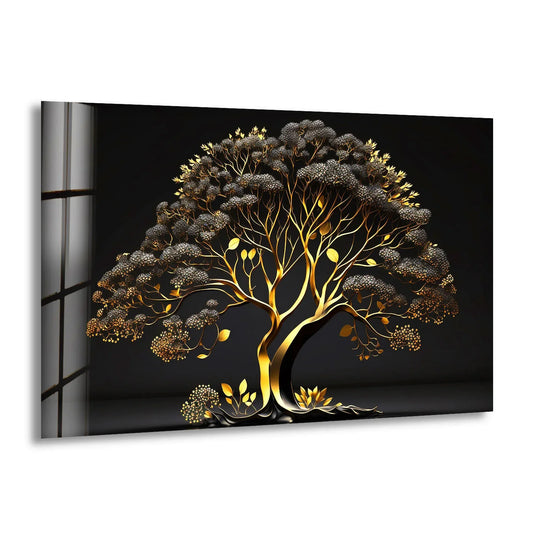 Foreground detail showcases the golden tree with its luxurious design, printed as a glass art painting, creating a captivating contrast against the black background.