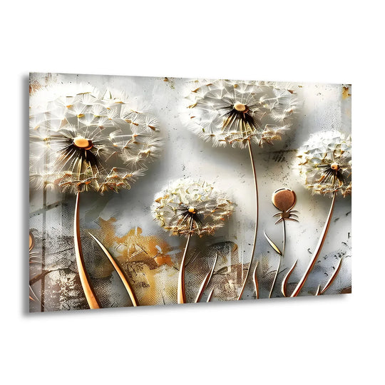 Tempered glass wall art with a gilded edge framing vivid white dandelions on a textured background.